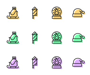 Çizgi çizgisi, Noel Baba kızağı, Havai fişek roketi ve Noel Baba şapkası ikonu. Vektör