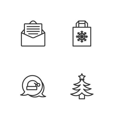 Sabit bir Noel ağacı, Noel Baba şapkası, zarf ve alışveriş çantası ikonu. Vektör