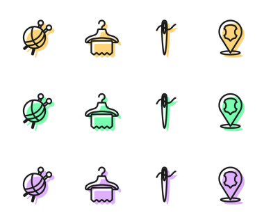 İplik dikmek için iğne iplik, yün yumağı örgü iğneleri, elbise dolabı ve deri ikonu hazırlayın. Vektör