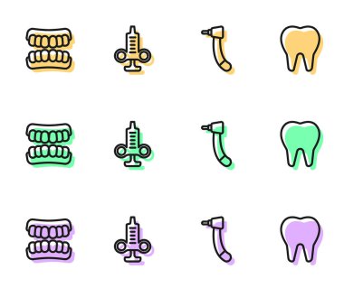 Diş matkabını, takma diş modelini, şırıngayı ve ikonu hazırlayın. Vektör