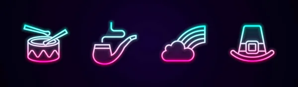 Állítsa be a vonal dob dob botokkal, füstölgő cső, szivárvány felhő és kobold kalap. Ragyogó neon ikon. Vektor — Stock Vector