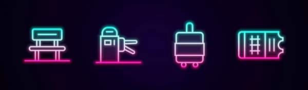 Állítsa be a váróterem, Turnstile, bőrönd és vonatjegy. Ragyogó neon ikon. Vektor — Stock Vector