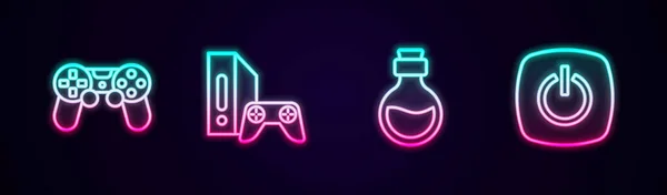 ラインを設定するゲームコントローラまたはジョイスティック、コンソール、ボトル魔法のエリキシルと電源ボタン。ネオンのアイコンを光る。ベクトル — ストックベクタ