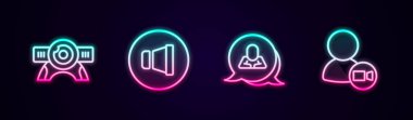 Web kamerası, Hoparlör sesi, konuşma balonu sohbeti ve video konferansı ayarla. Parlayan neon ikonu. Vektör