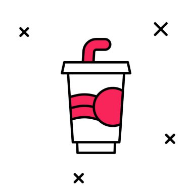 Kağıt bardakla doldurulmuş, beyaz arka planda izole edilmiş saman ve su ikonu var. Soda bardağı. Taze soğuk içecek sembolü. Vektör