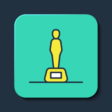 Mavi arkaplanda izole edilmiş ana hatlı Movie kupası ikonu. Akademi ödülü ikonu. Filmler ve sinema sembolü. Turkuaz kare düğme. Vektör