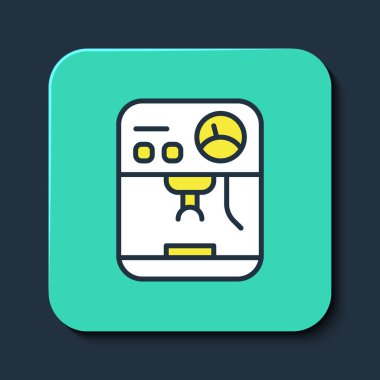 Doldurulmuş kahve makinesi simgesi mavi arka planda izole edilmiş. Turkuaz kare düğme. Vektör