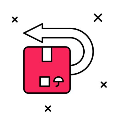 Doldurulmuş özet Dönüş karton kutu simgesi beyaz arkaplanda izole edildi. Kutu, paket, paket işareti. Teslimat ve ambalaj. Vektör