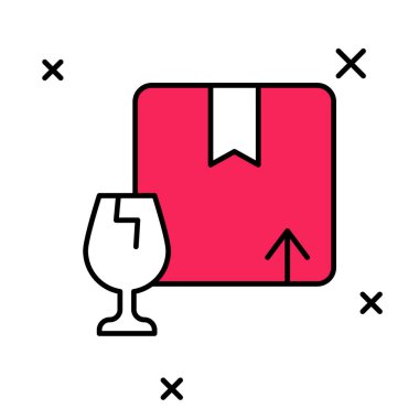 Beyaz arkaplanda izole edilmiş kırık cam ikonun kırılgan içerik sembolüyle dolu ana hatlı teslimat kutusu. Kutu, paket, paket işareti. Vektör