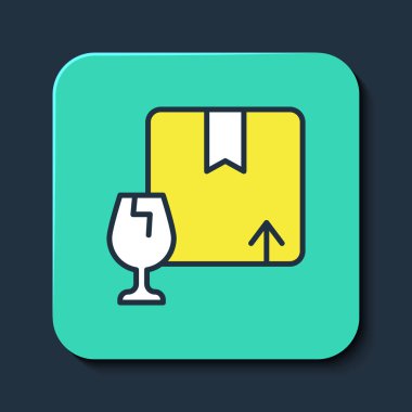 Mavi arka planda izole edilmiş kırık cam ikonun kırılgan içerik sembolüyle dolu ana hatlı teslimat kutusu. Kutu, paket, paket işareti. Turkuaz kare düğme. Vektör