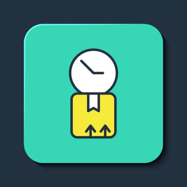 Karton karton kutu ve hızlı dağıtım simgesi mavi arkaplanda izole edildi. Kutu, paket, paket işareti. Teslimat ve ambalaj. Turkuaz kare düğme. Vektör