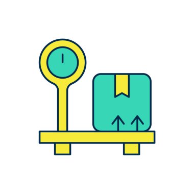 Beyaz arkaplanda izole edilmiş karton kutu simgesi ile ana hatları doldurulmuş. Lojistik ve teslimat. Dağıtım paketinin ağırlığı bir ölçekte. Vektör