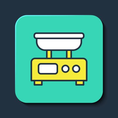 Doldurulmuş elektronik ölçek simgesi mavi arkaplanda izole edildi. Ağırlık ölçüm aletleri. Turkuaz kare düğme. Vektör