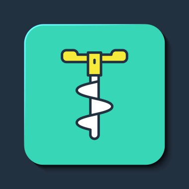 Mavi arka planda izole edilmiş, kış balıkçılık ikonu için, çizgili El matkabı. Turkuaz kare düğme. Vektör