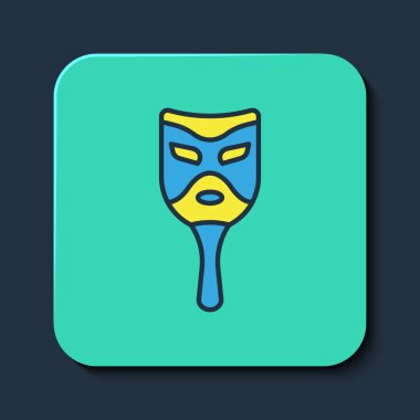 Doldurulmuş ana hatlı karnaval maskesi simgesi mavi arkaplanda izole edildi. Maskeli balo maskesi. Turkuaz kare düğme. Vektör