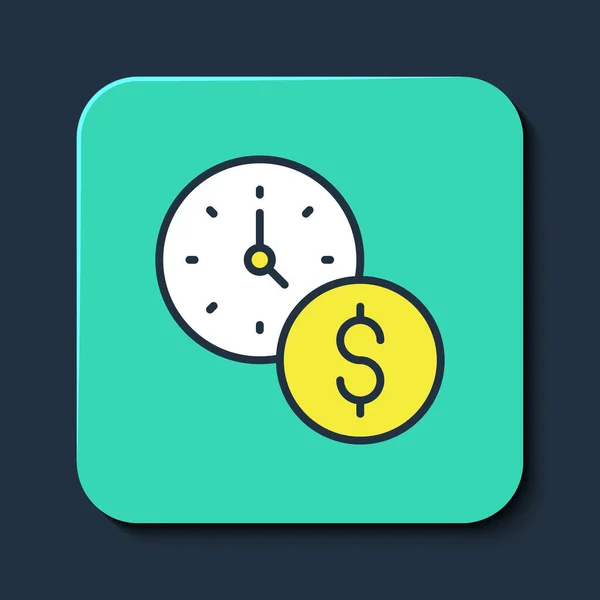 Γεμάτο περίγραμμα Ο χρόνος είναι το εικονίδιο χρημάτων που απομονώνεται σε μπλε φόντο. Τα λεφτά είναι χρόνος. Αποτελεσματική διαχείριση χρόνου. Μετατρέψτε το χρόνο σε χρήμα. Κουμπί τυρκουάζ τετράγωνο. Διάνυσμα — Διανυσματικό Αρχείο
