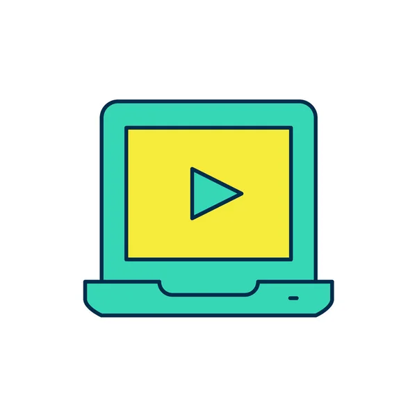 Esquema rellenado Icono de vídeo de reproducción en línea aislado sobre fondo blanco. Portátil y tira de película con señal de juego. Vector — Vector de stock