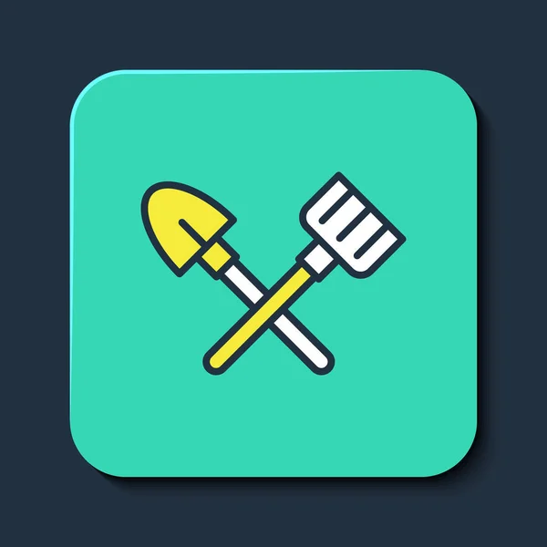 Filled outline Shovel and rake icon isolated on blue background. Tool for horticulture, agriculture, gardening, farming. Ground cultivator. Turquoise square button. Vector — 图库矢量图片