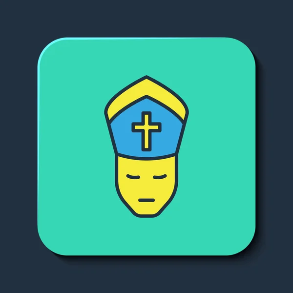 塗りつぶしのアウトライン青の背景に隔離された教皇アイコン。教皇の帽子。聖なる父よ。ターコイズ正方形のボタン。ベクトル — ストックベクタ