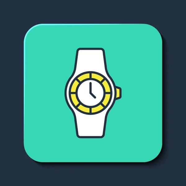Esquema rellenado Icono del reloj de muñeca aislado sobre fondo azul. Icono del reloj de pulsera. Botón cuadrado turquesa. Vector — Vector de stock