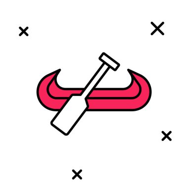 Ana hatlarıyla doldurulmuş kano ve kürek simgesi beyaz arkaplanda izole edildi. Balıkçılık ve turizm için kano. Açık hava aktiviteleri. Vektör