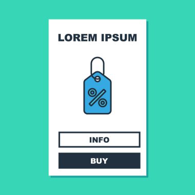 Doldurulmuş yüzde indirimli etiket simgesi turkuaz arka planda izole edildi. Etiket alışverişi. Özel teklif işareti. İndirim kuponları sembolü. Vektör