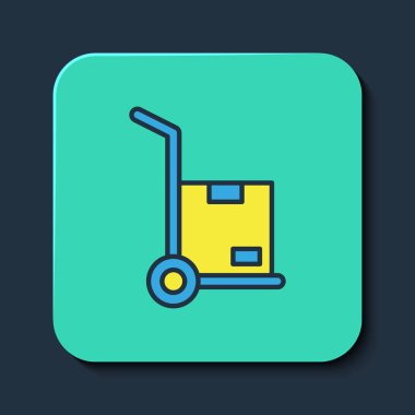 El arabası ve mavi arka planda izole edilmiş kutular. Dolly sembolü. Turkuaz kare düğme. Vektör