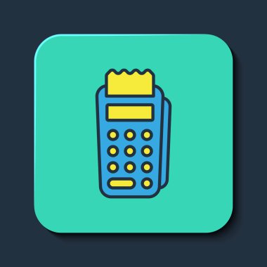 POS terminalini eklenen kredi kartıyla ve mavi arkaplanda izole edilmiş yazdırılmış alıcı simgesiyle doldurdum. NFC ödeme konsepti. Turkuaz kare düğme. Vektör