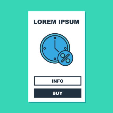 Doldurulmuş ana hatlı saat ve turkuaz arka planda izole edilmiş yüzde indirim simgesi. Vektör