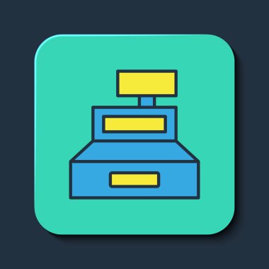 Mavi arka planda izole edilmiş bir çek simgesiyle ana hatları doldurulmuş. Kasiyer tabelası. Tabut sembolü. Turkuaz kare düğme. Vektör