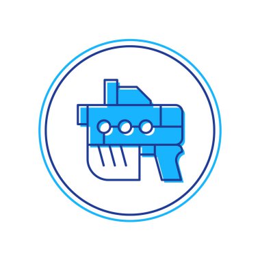 Beyaz arka planda izole edilmiş, ana hatlı Fütürist Uzay Silahı İmha ikonu. Lazer tabancası. Uzaylı silahı. Vektör