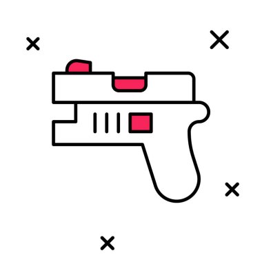 Beyaz arka planda izole edilmiş, ana hatlı Fütürist Uzay Silahı İmha ikonu. Lazer tabancası. Uzaylı silahı. Vektör
