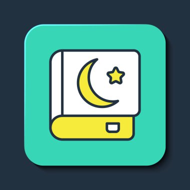 Mavi arka planda izole edilmiş kutsal Kur 'an ikonu ana hatlarıyla dolu. Müslüman bayramı, Kurban Bayramı, Kurban Bayramı, Ramazan Kareem. Turkuaz kare düğme. Vektör