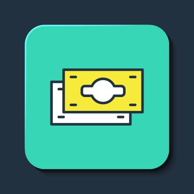 Doldurulmuş kağıt yığınları para para ikonu mavi arka planda izole. Para desteleri. Para birimi. Turkuaz kare düğme. Vektör