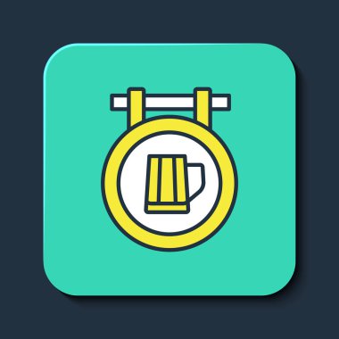 Sokak tabelasını mavi arka planda izole edilmiş bir bardak bira ikonu ile doldurdum. Reklamlar için uygun bar, kafe, bar, restoran. Turkuaz kare düğme. Vektör