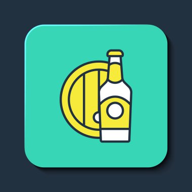 Taslak bira şişesi ve mavi arka planda izole edilmiş ahşap fıçı ikonu. Turkuaz kare düğme. Vektör