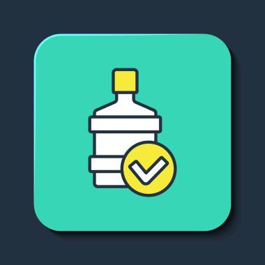 Mavi arka planda izole edilmiş temiz su ikonuyla dolu büyük bir şişe. Soğutucu için plastik kap. Turkuaz kare düğme. Vektör