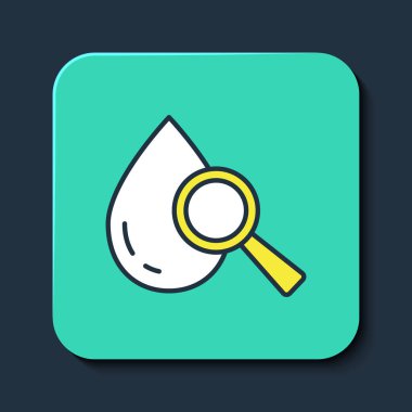 Taslak Bırakma ve büyüteç simgesi mavi arkaplanda izole edildi. Turkuaz kare düğme. Vektör