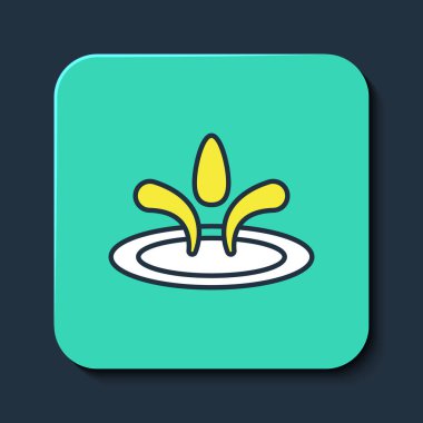 Doldurulmuş ana hatlı su bırakma simgesi mavi arkaplanda izole edildi. Turkuaz kare düğme. Vektör