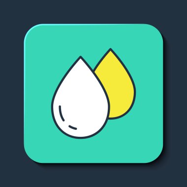 Doldurulmuş ana hatlı su bırakma simgesi mavi arkaplanda izole edildi. Turkuaz kare düğme. Vektör