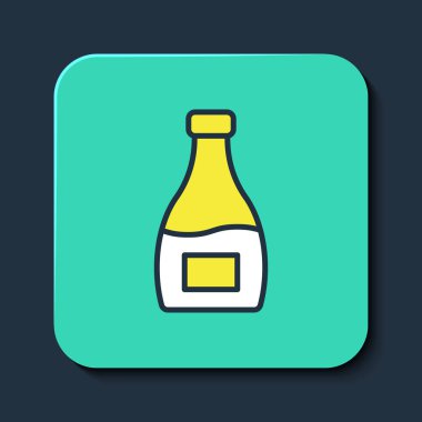 Doldurulmuş sos şişesi simgesi mavi arka planda izole edilmiş. Ketçap, hardal ve fast food için soslu mayonez şişeleri. Turkuaz kare düğme. Vektör