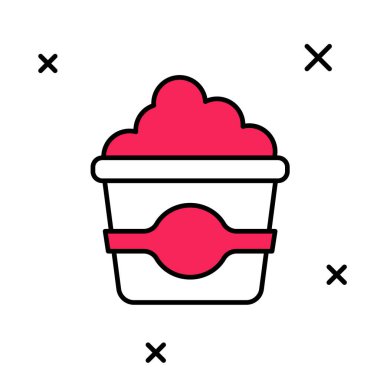 Beyaz arka planda izole edilmiş karton kutu simgesiyle doldurulmuş patlamış mısır. Patlamış mısır kutusu. Vektör