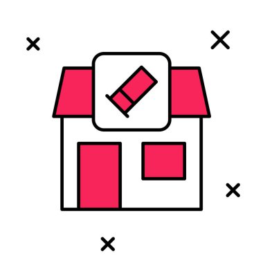 Beyaz arka planda izole edilmiş silah ve tüfek ikonu ile ana hatları doldurulmuş avcılık dükkanı. Silah teçhizatlı süpermarket ya da mağaza. Vektör