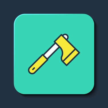 Doldurulmuş ahşap balta simgesi mavi arkaplanda izole edildi. Oduncu baltası. Turkuaz kare düğme. Vektör