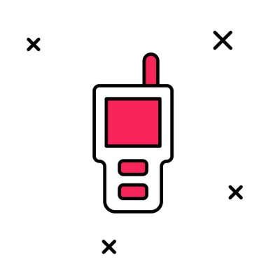 Beyaz arkaplanda izole edilmiş ana hatlı telsiz ikonu. Taşınabilir radyo vericisi simgesi. Radyo alıcı-vericisi işareti. Vektör