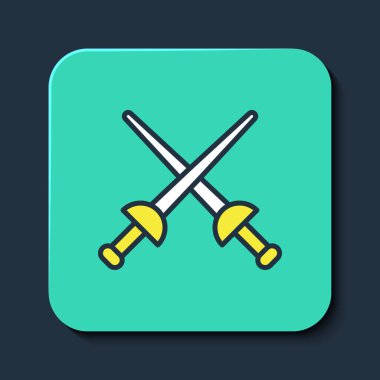 Mavi arkaplanda izole edilmiş ana hatlı eskrim simgesi. Spor malzemeleri. Turkuaz kare düğme. Vektör