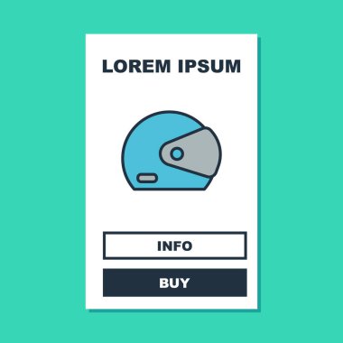 Turkuaz arka planda izole edilmiş ana hatlı yarış kask simgesi. Vektör