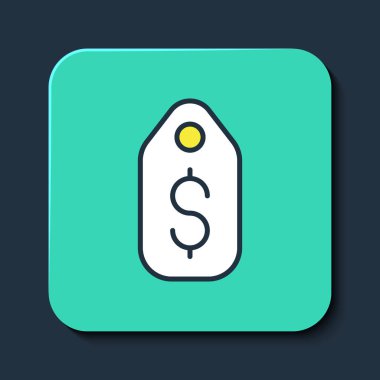 Fiyat etiketini dolar simgesiyle doldurmuş. Mavi arka planda izole edilmiş. Rozet fiyatına. Dolar sembollü indirim. Reklam etiketi indirimi. Turkuaz kare düğme. Vektör