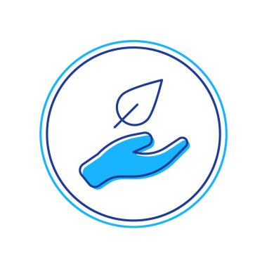 Doldurulmuş El beyaz arkaplanda izole edilmiş bitki ikonunun bir yaprağını tutuyor. Doğayı koru. Yaprak, çevre korumasıyla çekiliyor. Vektör