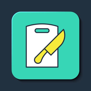 Kesme tahtası ve bıçak ikonu mavi arka planda izole edilmiş. Kesme tahtası sembolü. Çatal bıçak sembolü. Turkuaz kare düğme. Vektör